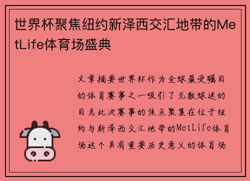 世界杯聚焦纽约新泽西交汇地带的MetLife体育场盛典