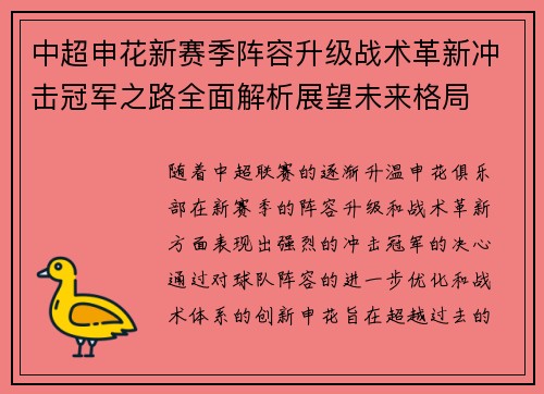 中超申花新赛季阵容升级战术革新冲击冠军之路全面解析展望未来格局