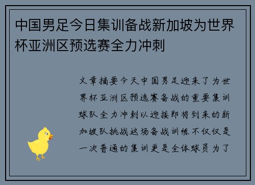 中国男足今日集训备战新加坡为世界杯亚洲区预选赛全力冲刺