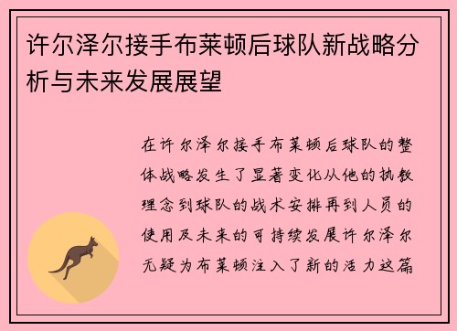 许尔泽尔接手布莱顿后球队新战略分析与未来发展展望